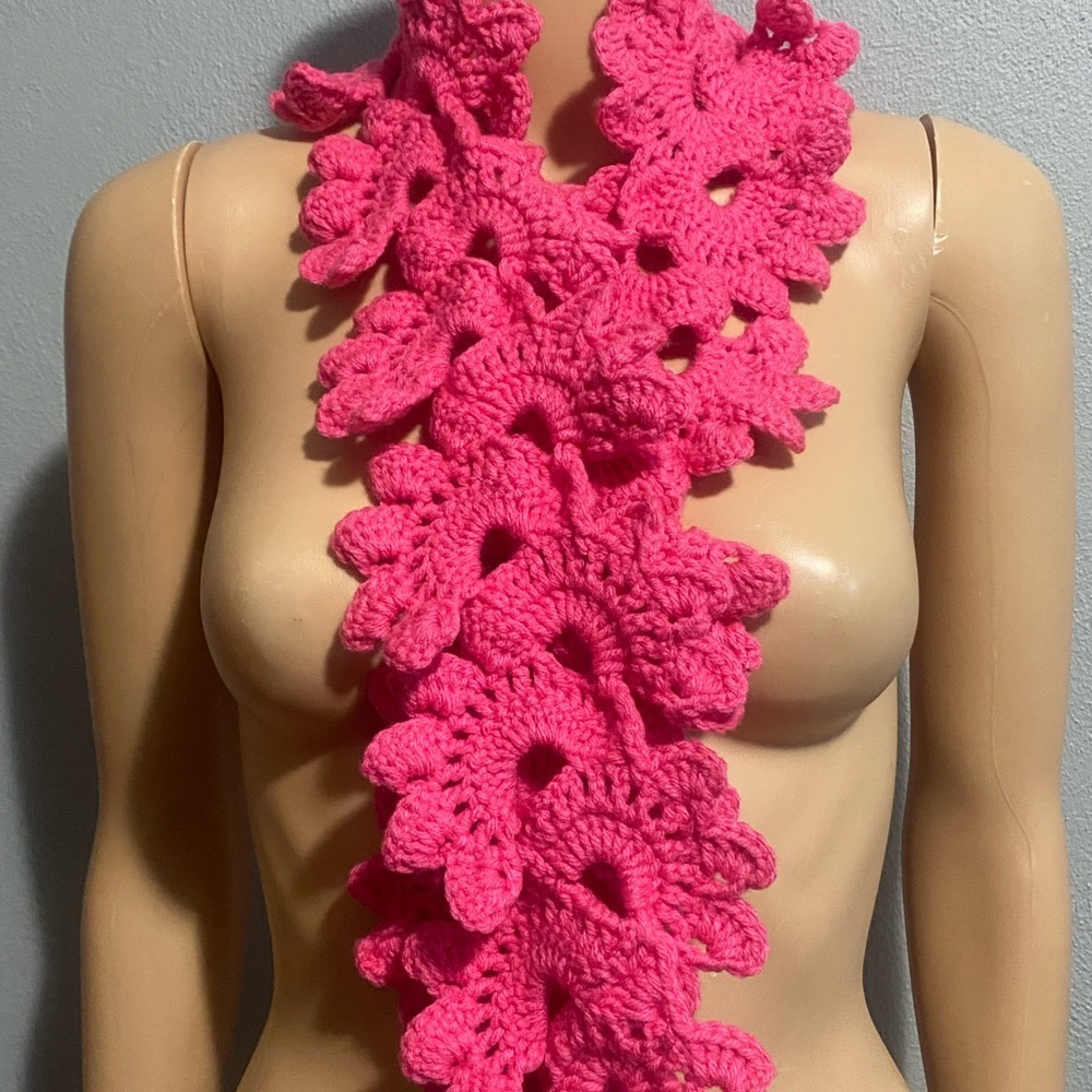 Handmade crochet lace floral scarf pink